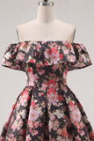 Black Pink Flower A Line Off the Shoulder Short Homecoming Dress