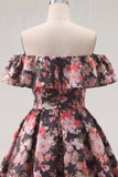 Black Pink Flower A Line Off the Shoulder Short Homecoming Dress