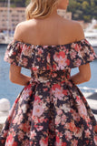 Black Pink Flower A Line Off the Shoulder Short Homecoming Dress