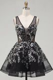 Floral Sparkly Black Sequin A Line Short Homecoming Dress