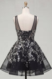 Floral Sparkly Black Sequin A Line Short Homecoming Dress