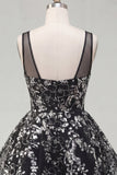 Floral Sparkly Black Sequin A Line Short Homecoming Dress