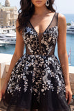 Floral Sparkly Black Sequin A Line Short Homecoming Dress