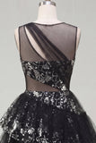 Floral Sparkly Black Keyhole A Line Sequin Short Homecoming Dress