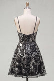 Sparkly Black Spaghetti Straps Floral Short Sequin A Line Homecoming Dress
