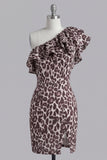 Coffee One Shoulder Ruffles Leopard Print Tight Short Homecoming Dress with Slit
