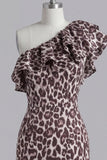 Coffee One Shoulder Ruffles Leopard Print Tight Short Homecoming Dress with Slit