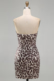 Coffee Strapless Ruched Tight Leopard Print Short Homecoming Dress