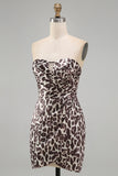 Coffee Strapless Ruched Tight Leopard Print Short Homecoming Dress