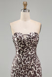 Coffee Strapless Ruched Tight Leopard Print Short Homecoming Dress