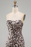 Coffee Strapless Ruched Tight Leopard Print Short Homecoming Dress