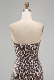 Coffee Strapless Ruched Tight Leopard Print Short Homecoming Dress