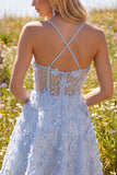 Sparkly Blue Spaghetti Straps Floral Sequin A Line Short Corset Homecoming Dress