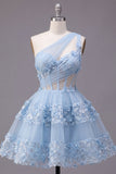 Floral Sparkly Blue Sequin A Line Keyhole Corset Short Homecoming Dress with Ruffles