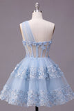 Floral Sparkly Blue Sequin A Line Keyhole Corset Short Homecoming Dress with Ruffles