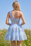 Floral Sparkly Blue Sequin A Line Keyhole Corset Short Homecoming Dress with Ruffles