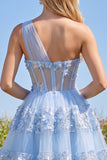 Floral Sparkly Blue Sequin A Line Keyhole Corset Short Homecoming Dress with Ruffles