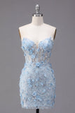 Floral Sparkly Blue Corset Tight Short Strapless Homecoming Dress with Beading