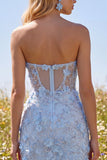 Floral Sparkly Blue Corset Tight Short Strapless Homecoming Dress with Beading