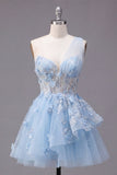 Sparkly Blue Beaded Corset Floral A Line Short Homecoming Dress with Ruffles