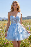 Sparkly Blue Beaded Corset Floral A Line Short Homecoming Dress with Ruffles