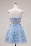 Sparkly Blue A Line Floral Corset Short Strapless Homecoming Dress with Beading