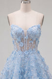 Sparkly Blue A Line Floral Corset Short Strapless Homecoming Dress with Beading