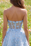 Sparkly Blue A Line Floral Corset Short Strapless Homecoming Dress with Beading