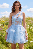 Sparkly Blue Keyhole Beaded Short Corset Floral A Line Homecoming Dress with Ruffles