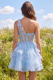 Sparkly Blue Keyhole Beaded Short Corset Floral A Line Homecoming Dress with Ruffles