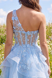 Sparkly Blue Keyhole Beaded Short Corset Floral A Line Homecoming Dress with Ruffles