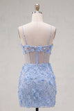 Floral Sparkly Blue Cut Out Tight Corset Short Beaded Homecoming Dress with Slit