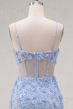 Floral Sparkly Blue Cut Out Tight Corset Short Beaded Homecoming Dress with Slit