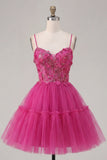 Sparkly Fuchsia A Line Floral Beaded Short Corset Spaghetti Straps Homecoming Dress