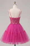 Sparkly Fuchsia A Line Floral Beaded Short Corset Spaghetti Straps Homecoming Dress