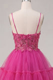 Sparkly Fuchsia A Line Floral Beaded Short Corset Spaghetti Straps Homecoming Dress