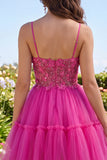 Sparkly Fuchsia A Line Floral Beaded Short Corset Spaghetti Straps Homecoming Dress