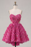 Sparkly Fuchsia Floral A Line Cut Out Corset Beaded Short Homecoming Dress