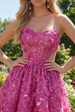 Sparkly Fuchsia Floral A Line Cut Out Corset Beaded Short Homecoming Dress