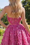 Sparkly Fuchsia Floral A Line Cut Out Corset Beaded Short Homecoming Dress