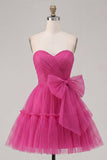 Fuchsia A Line Sweetheart Ruched Short Homecoming Dress with Bow
