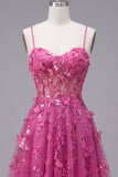 A Line Sparkly Fuchsia Beaded Short Corset Floral Homecoming Dress
