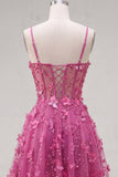 A Line Sparkly Fuchsia Beaded Short Corset Floral Homecoming Dress