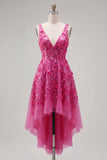 Sparkly Fuchsia Floral Beaded High Low A Line Homecoming Dress
