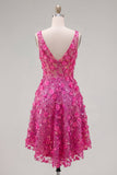 Sparkly Fuchsia Floral Beaded High Low A Line Homecoming Dress