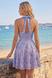 Sparkly Grey Blue Halter Beaded A Line Short Homecoming Dress with Bow