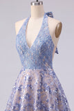 Sparkly Grey Blue Halter Beaded A Line Short Homecoming Dress with Bow