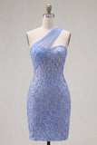 Sparkly Grey Blue Corset One Shoulder Tight Short Lace Homecoming Dress