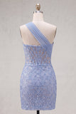 Sparkly Grey Blue Corset One Shoulder Tight Short Lace Homecoming Dress