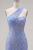 Sparkly Grey Blue Corset One Shoulder Tight Short Lace Homecoming Dress